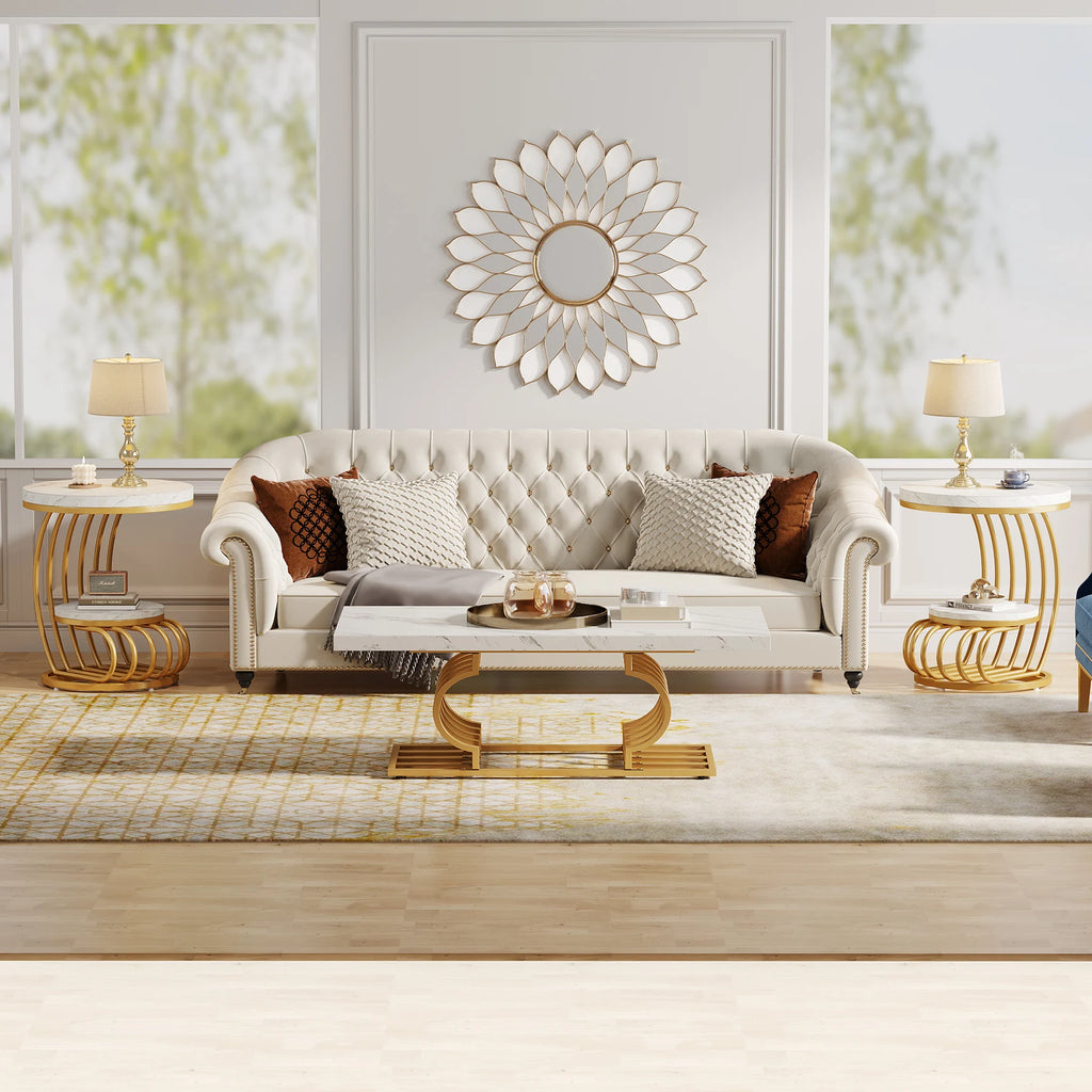 Gold Round End Table 2-Tier, Faux Marble, Storage Shelf