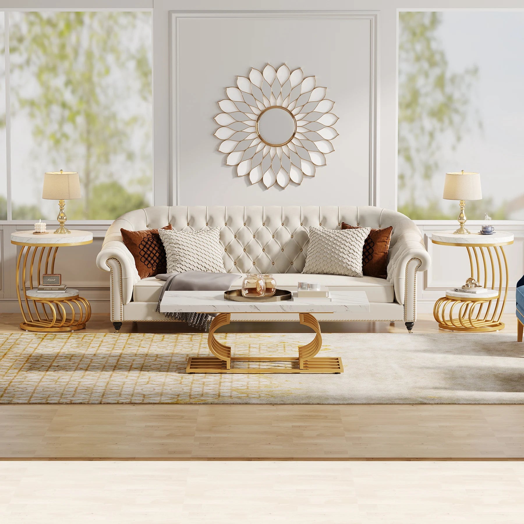 Gold Round End Table 2-Tier, Faux Marble, Storage Shelf