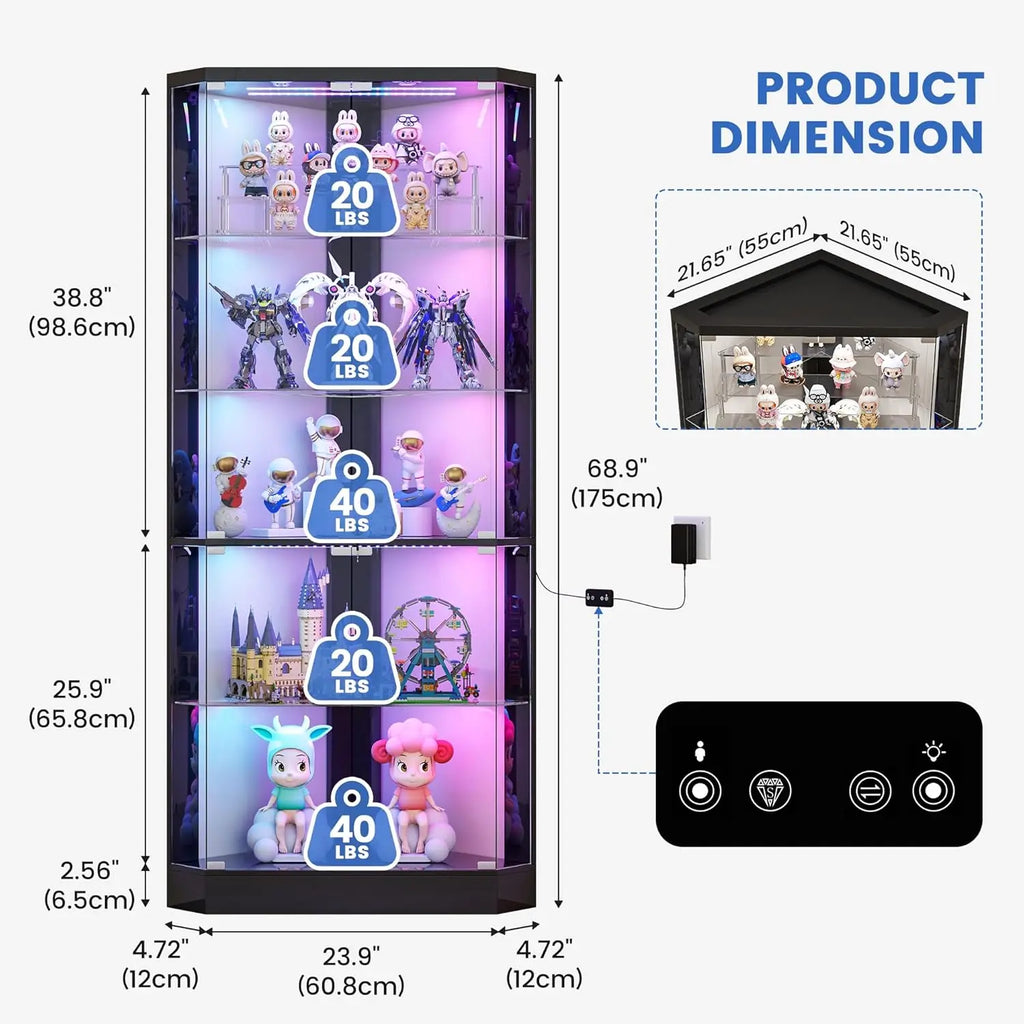 Corner Cabinet RGB Lights, 5-Tiers Cabinet Display with Lock, 69" Tall