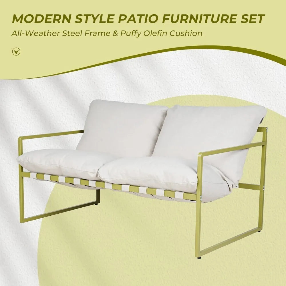 4-Piece Patio Furniture Set, Soft Cushions, Small Metal Sofa, Coffee Table