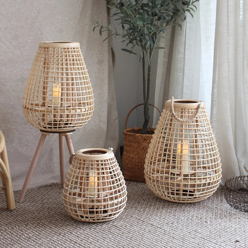 Hand-Woven Vine Lamp with Candle Holder – Rustic Floor Standing Lantern