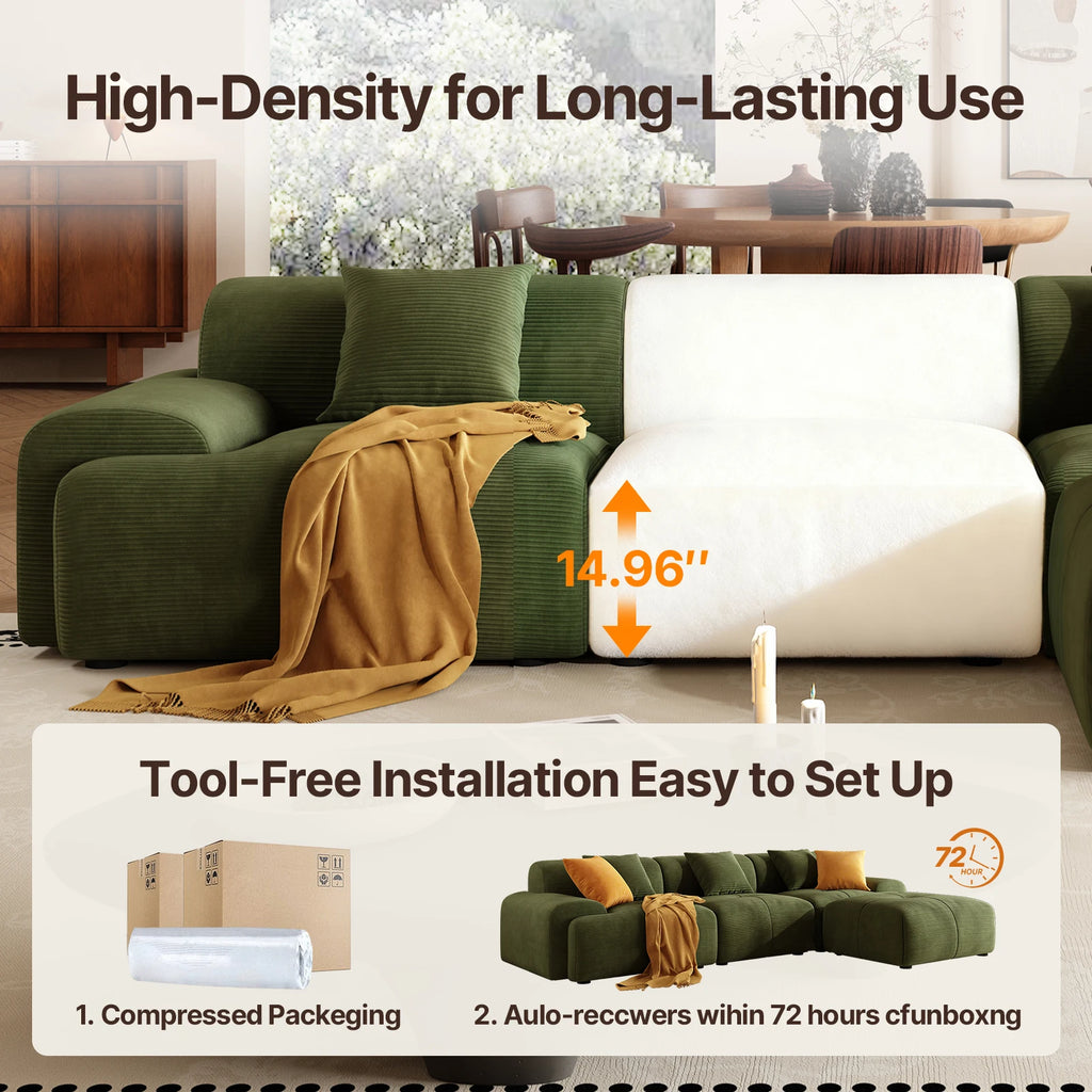 113" 3-Seat Cloud L-Shaped Sectional Sofa, Movable Ottoman, Corduroy Upholstery