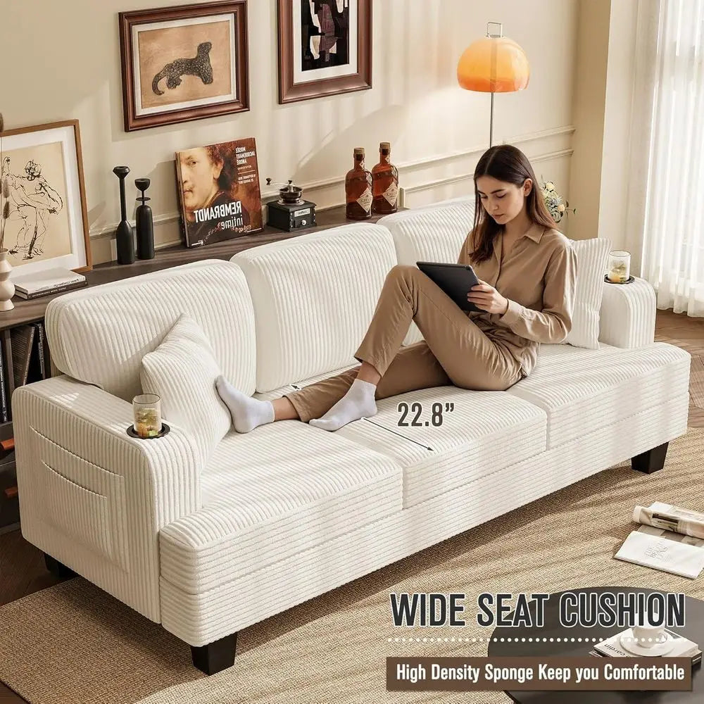 83-inch 3-Seater Couch Cup Holders, Comfortable Pillows, Side Storage