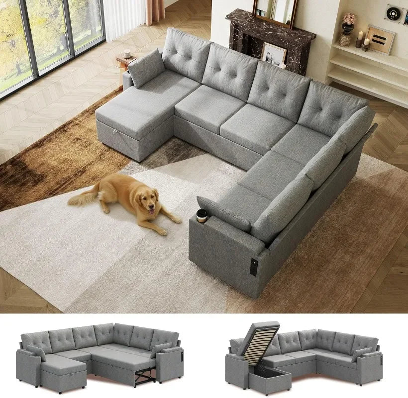 110'' Sectional 7-Seat U-Shape Pull-Out Sleeper, Storage Chaise, Pillows