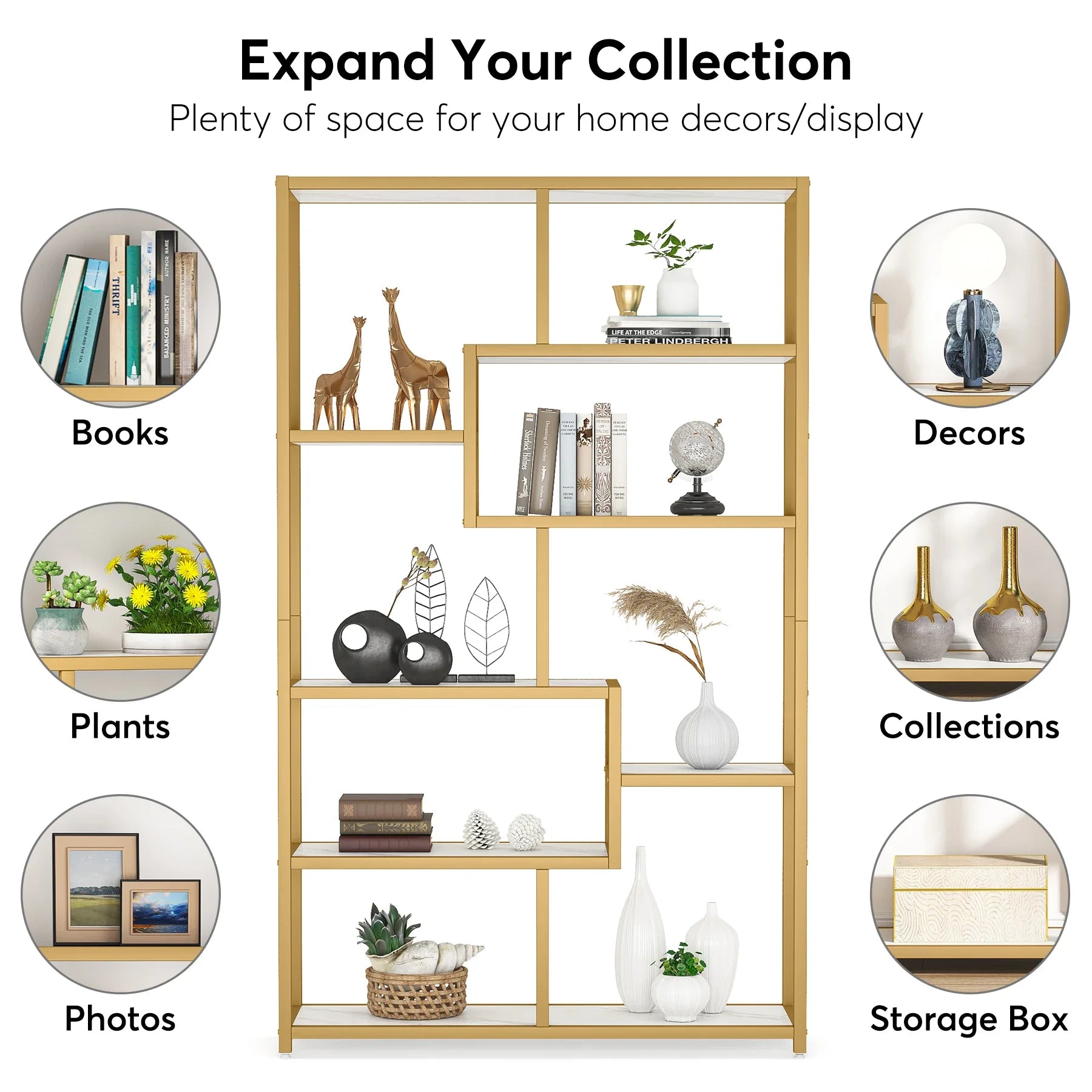 8-Open Gold Shelf Etagere Bookcase with Faux Marble