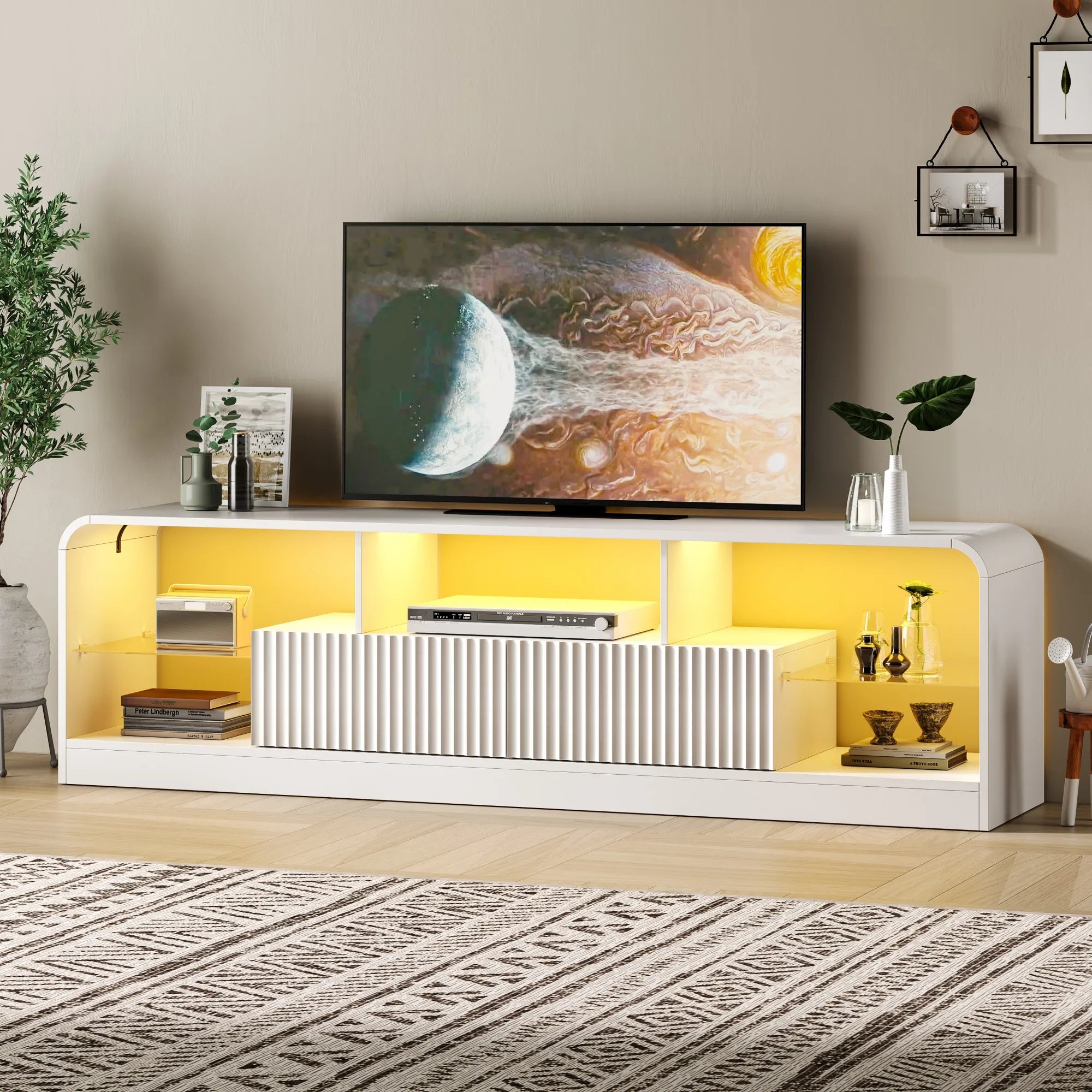 For 60/65/70-Inch TVs, Modern Curved TV Console LED Lights, 2 Drawers & Glass Shelves