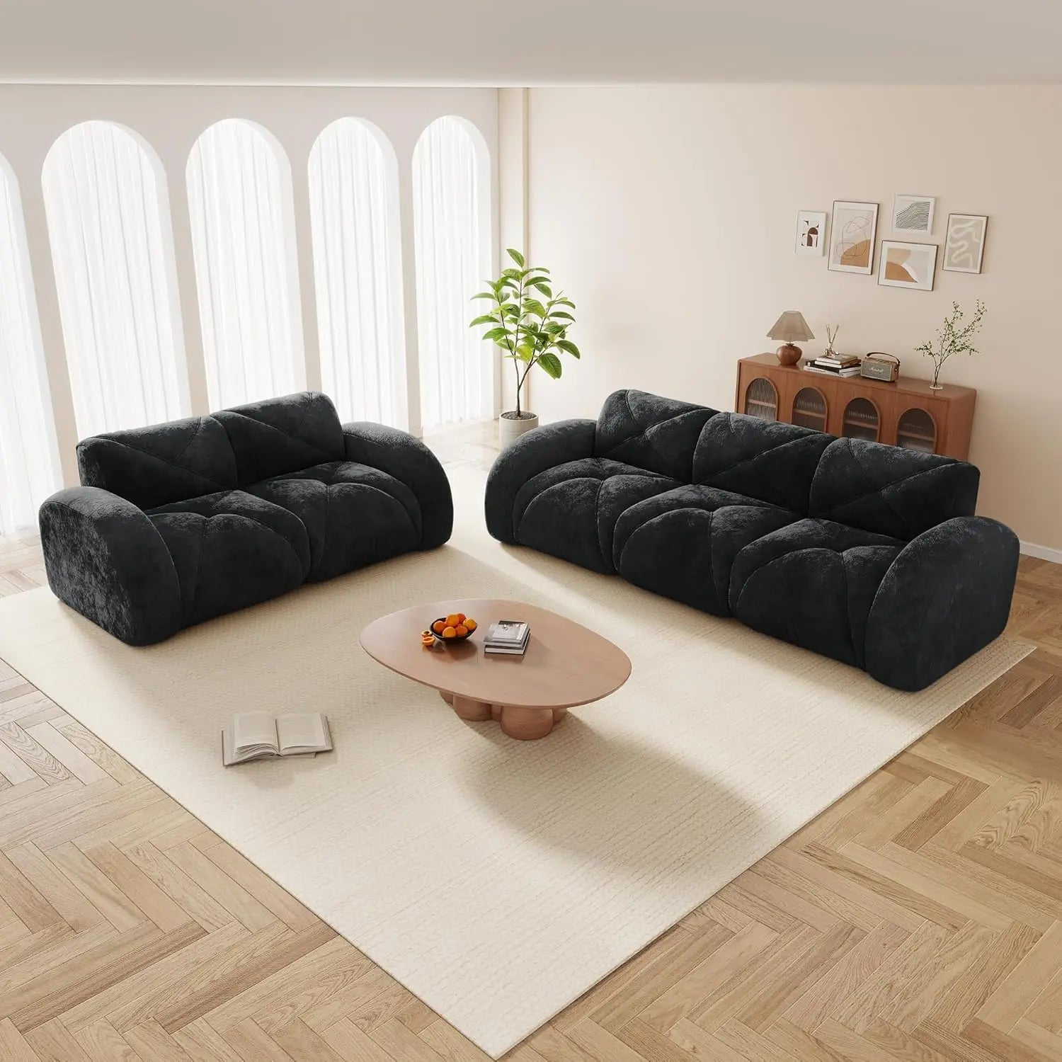 2-Piece Velvet Boneless Sofa Set, 2-Seat Loveseat & 3-Seat Sofa