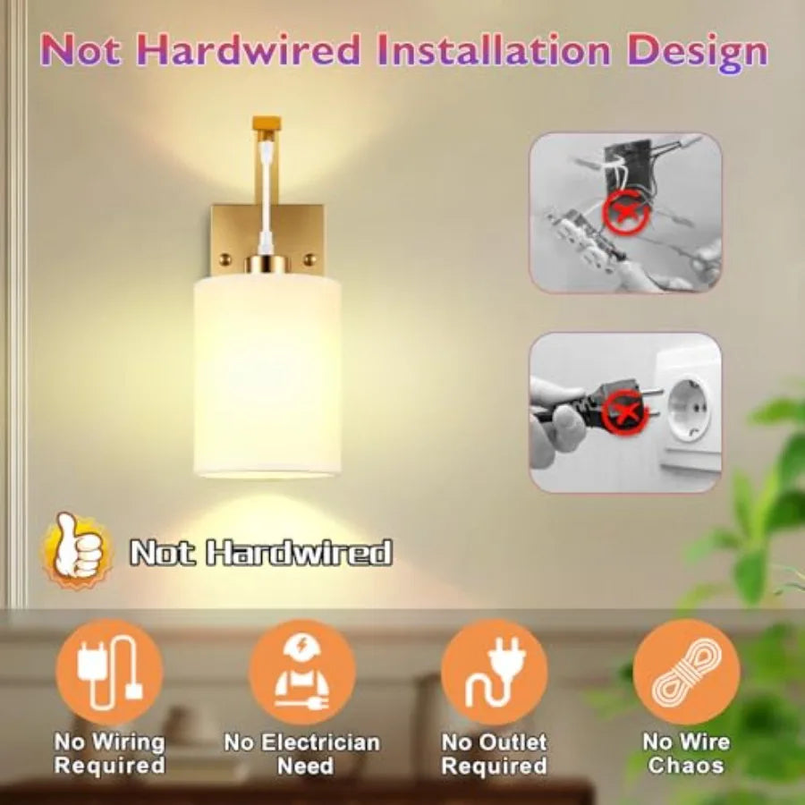Battery Operated Wall Sconces Set-of-2, Brass Gold Rechargeable w/Remote, Bulbs