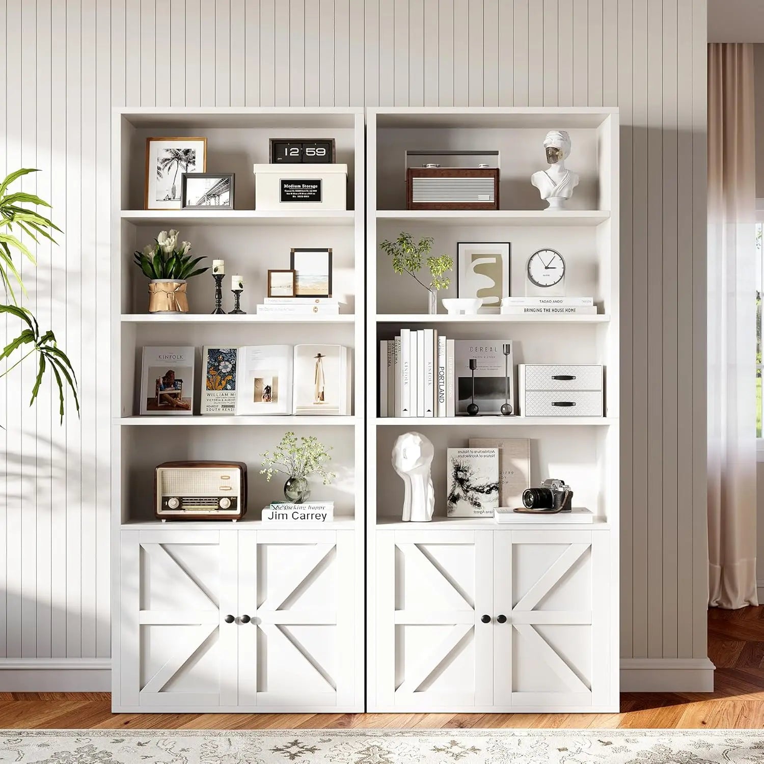 Set of 2, 71.5" 6-Tier Wooden Bookcase, Cabinet Doors,