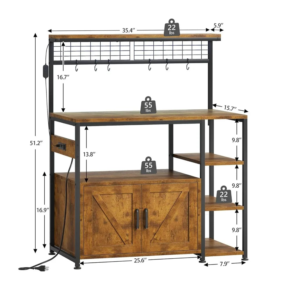 Bakers Rack, Power Outlet, LED Light, Storage Cabinet, Coffee Bar .