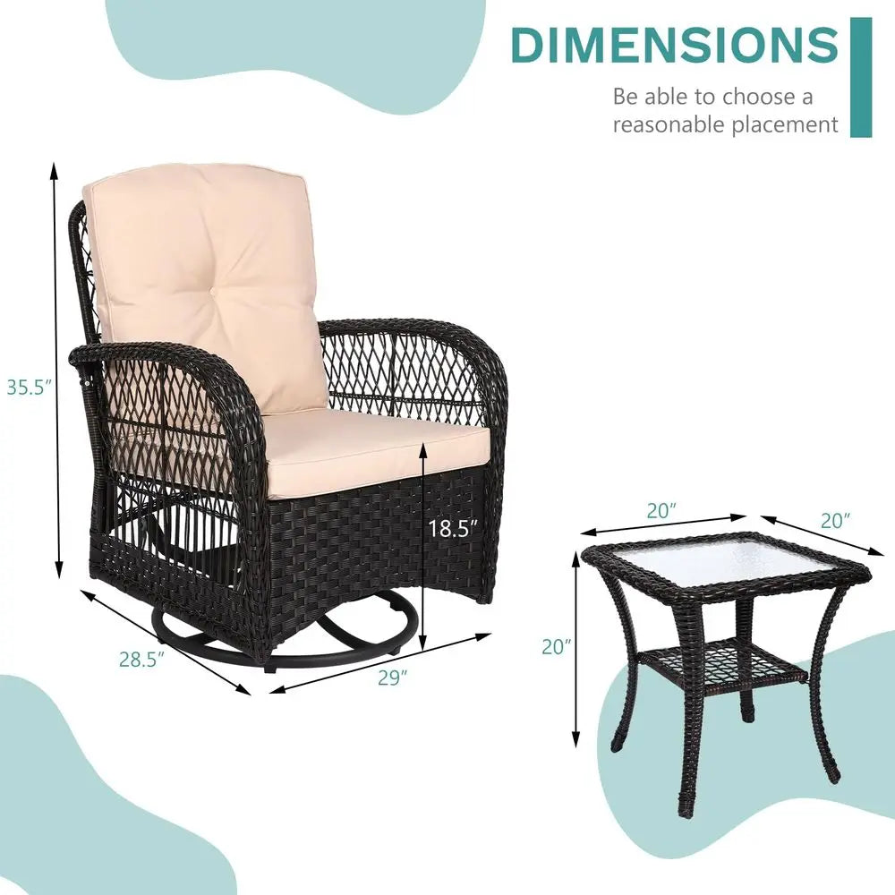 3-Piece Wicker Swivel Rocker Patio Set, Thickened Cushion, Glass Top Table