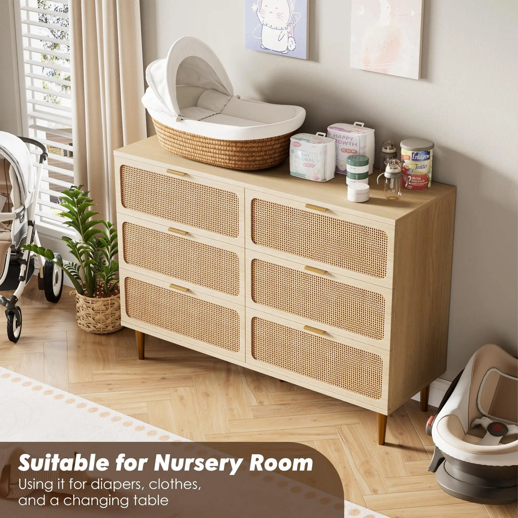 6-Drawer Hand Woven Rattan/Wood Dresser, Natural Deep Drawers