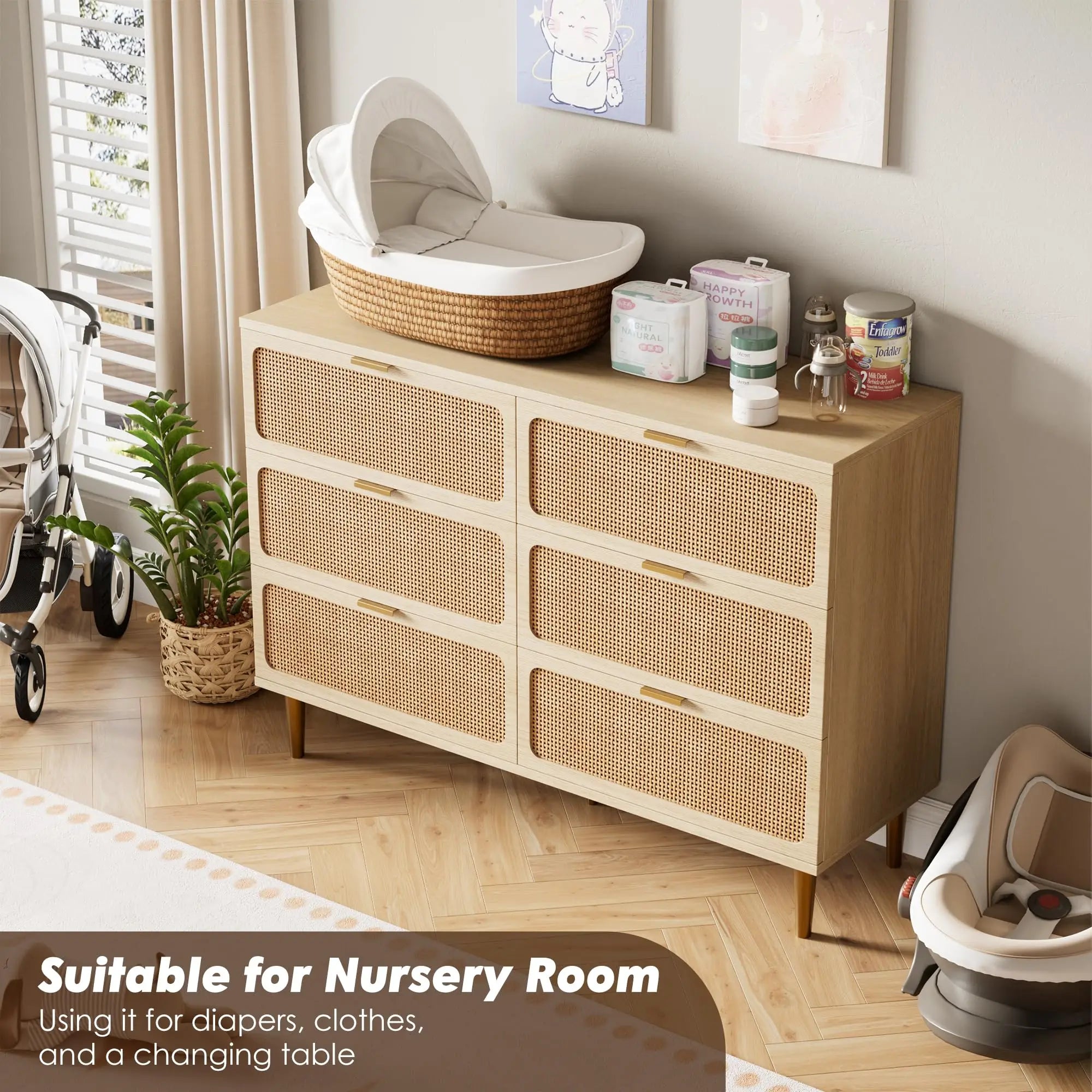 6-Drawer Hand Woven Rattan/Wood Dresser, Natural Deep Drawers