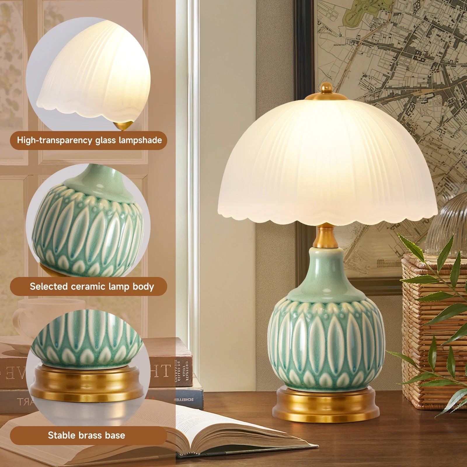 Vintage Gold Table Lamp, 40.64cm, Chinese Green Glass Lamp