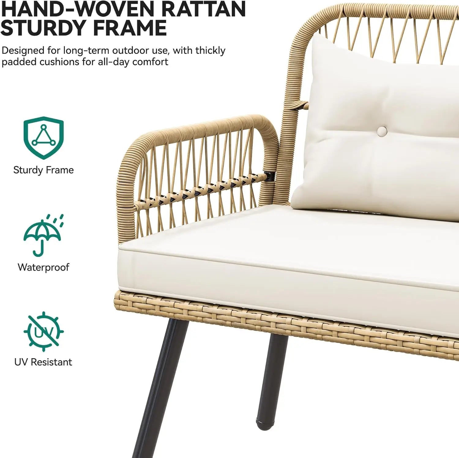 Rattan L-Shaped Patio Sofa Set, Soft Cushions, 2-Ottomans, Plastic Wood Dining Table