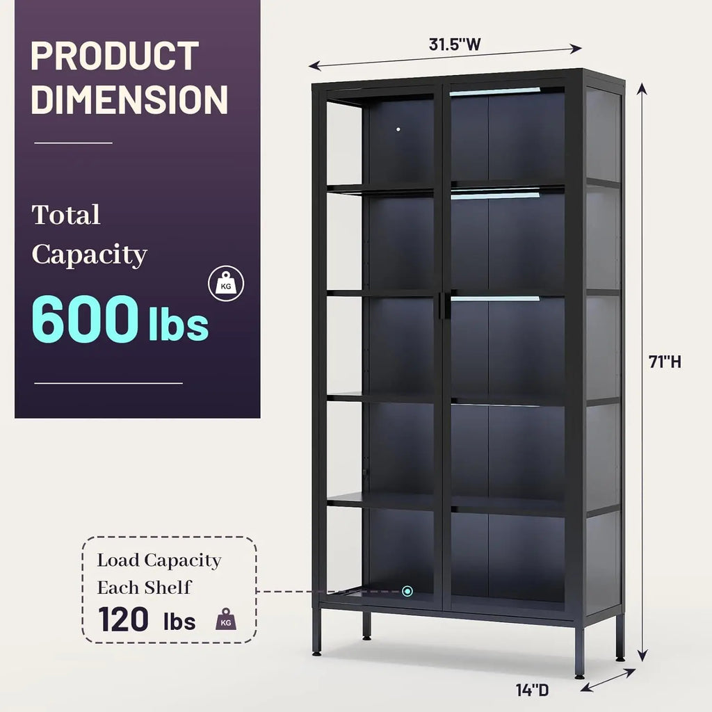 Glass Display Case, LED Lights, Adjustable Shelves