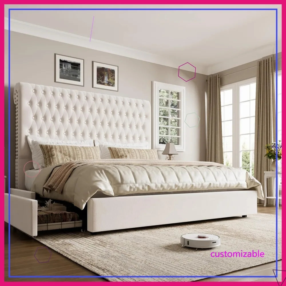 Queen Size Upholstered Tall Headboard, Button Tufted Velvet 4 Drawers
