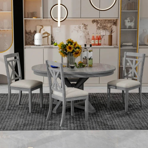 5-PC Extendable Round Dining Table, 4 Upholstered Chairs