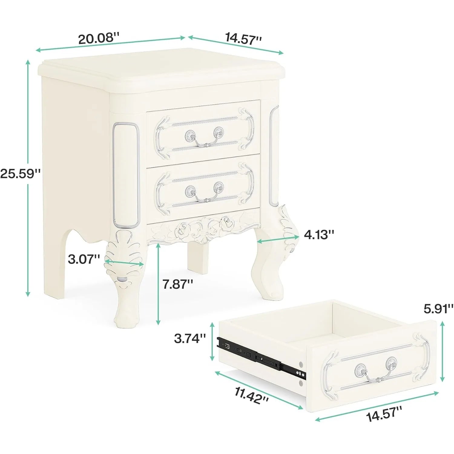 White Nightstand, End Table 2-Drawers Carved Side Table