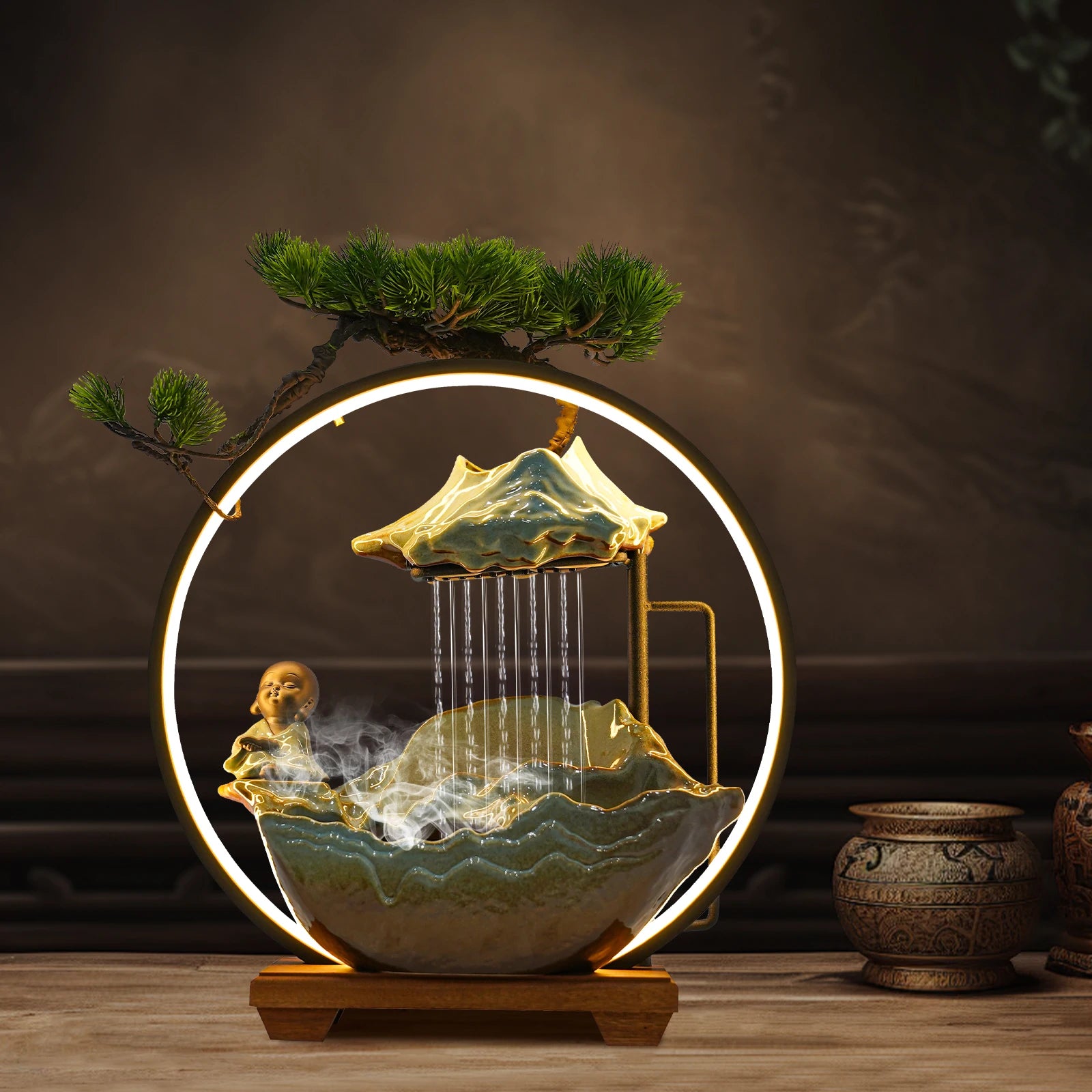 Desktop Ceramic Fountain Chinese Ancient Style Poetry, Book Monk