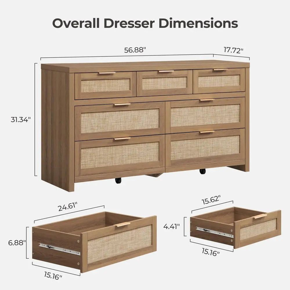 7-Drawer Dresser 57IN Wide Rattan Dressers, Large Chest of Drawers