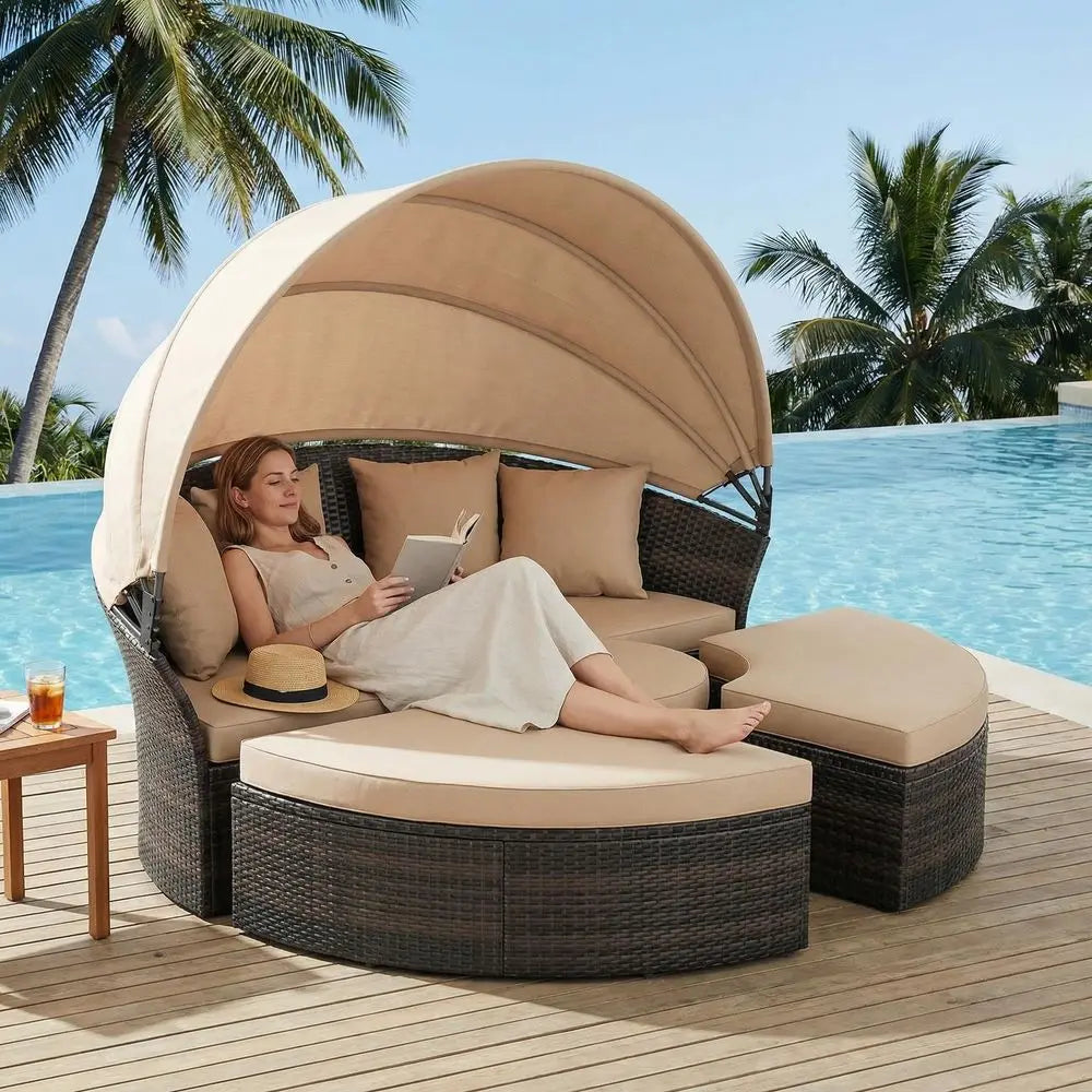 Wicker Rattan Sectional Round Sofa  5-PC w/Retractable Canopy