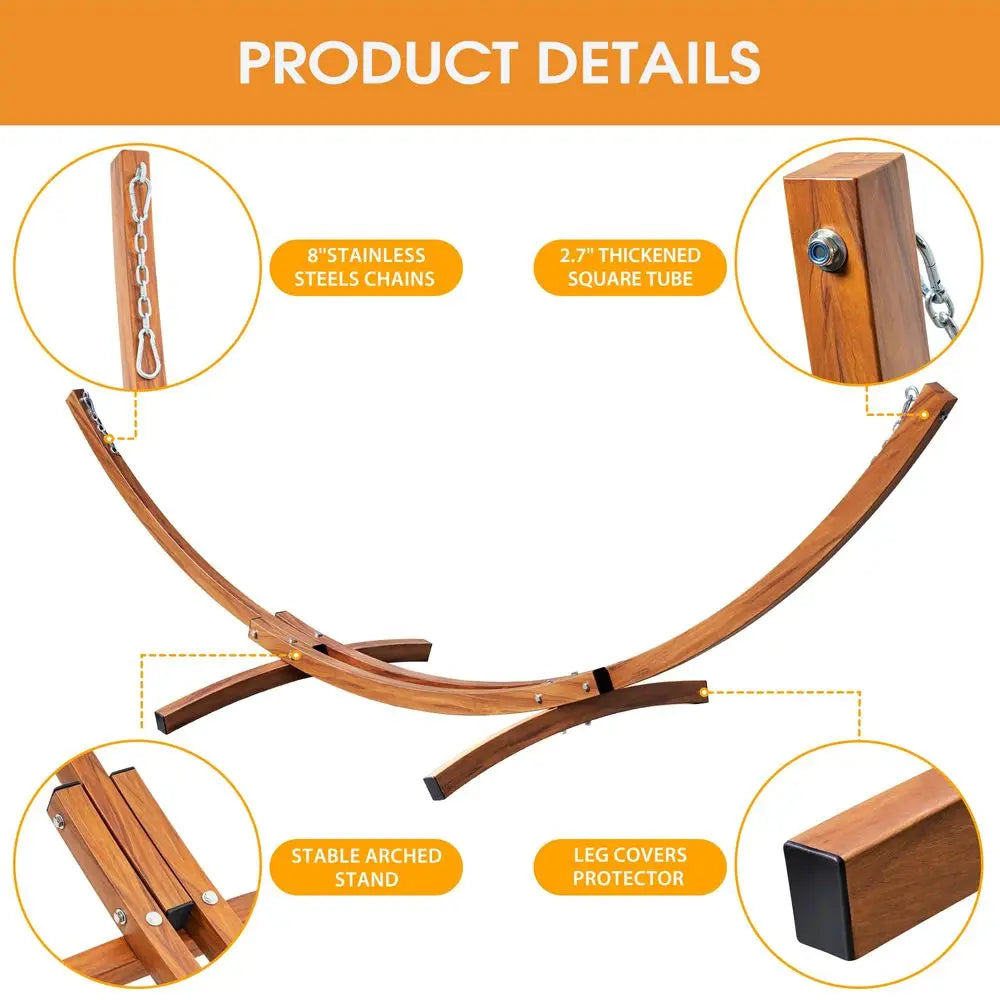 Cotton Fabric Double Hammock, Spreader Bars, 10.5 FT Wood Arc, Wood Stand