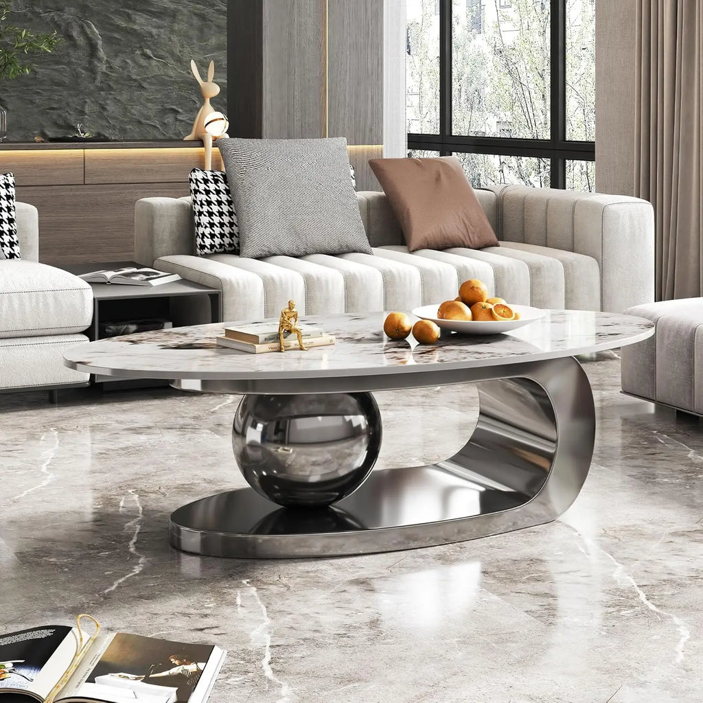 Coffee Table, Silver Stainless Steel Pedestal Oval Faux Marble Top.
