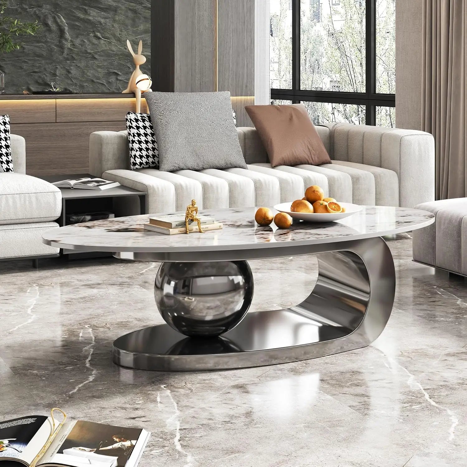 Coffee Table, Silver Stainless Steel Pedestal Oval Faux Marble Top.