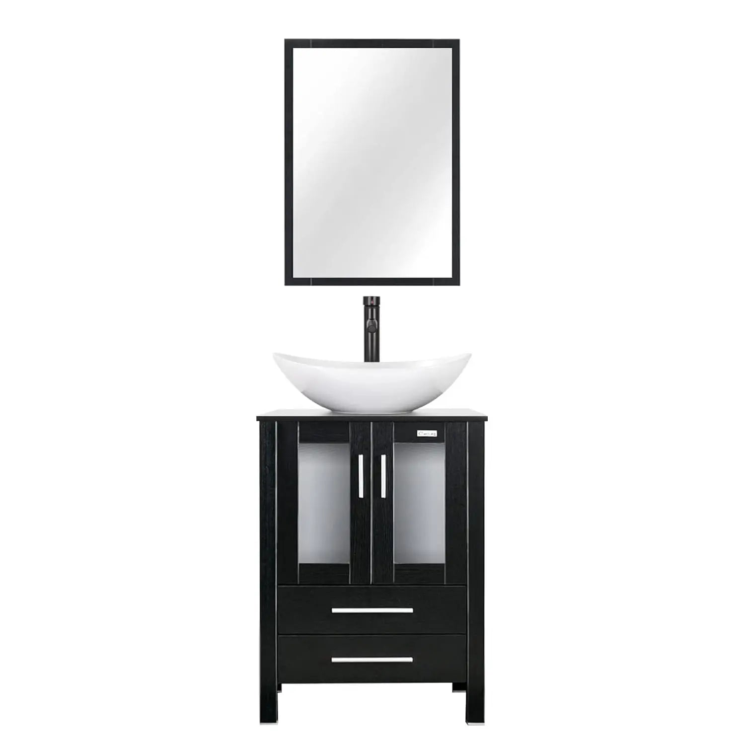 24" Vanity Blue Glass Vessel 2 Drawers Cabinet Soft Closing