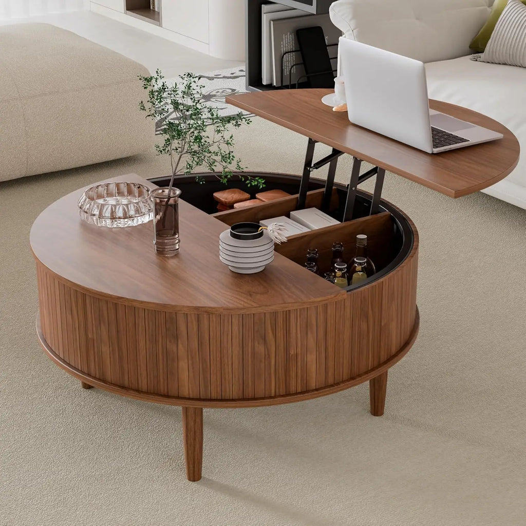 Round Fluted Lift Top Coffee Table, Storage 31.5inch Walnut