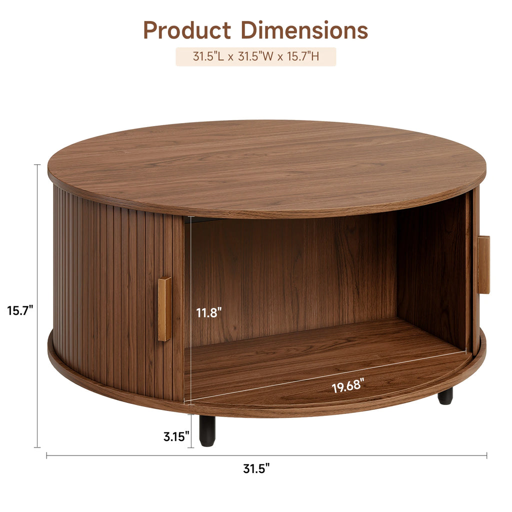31.5" Round Coffee Table Storage 360° Curved Sliding Door, Fluted