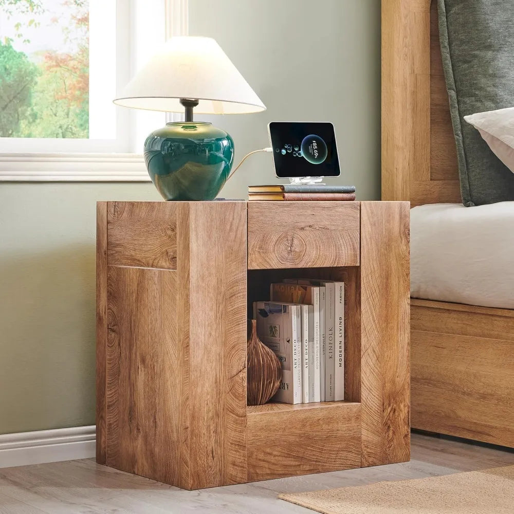 24" Nightstand Charging Station, Hidden Drawers & Open Storage Shelf