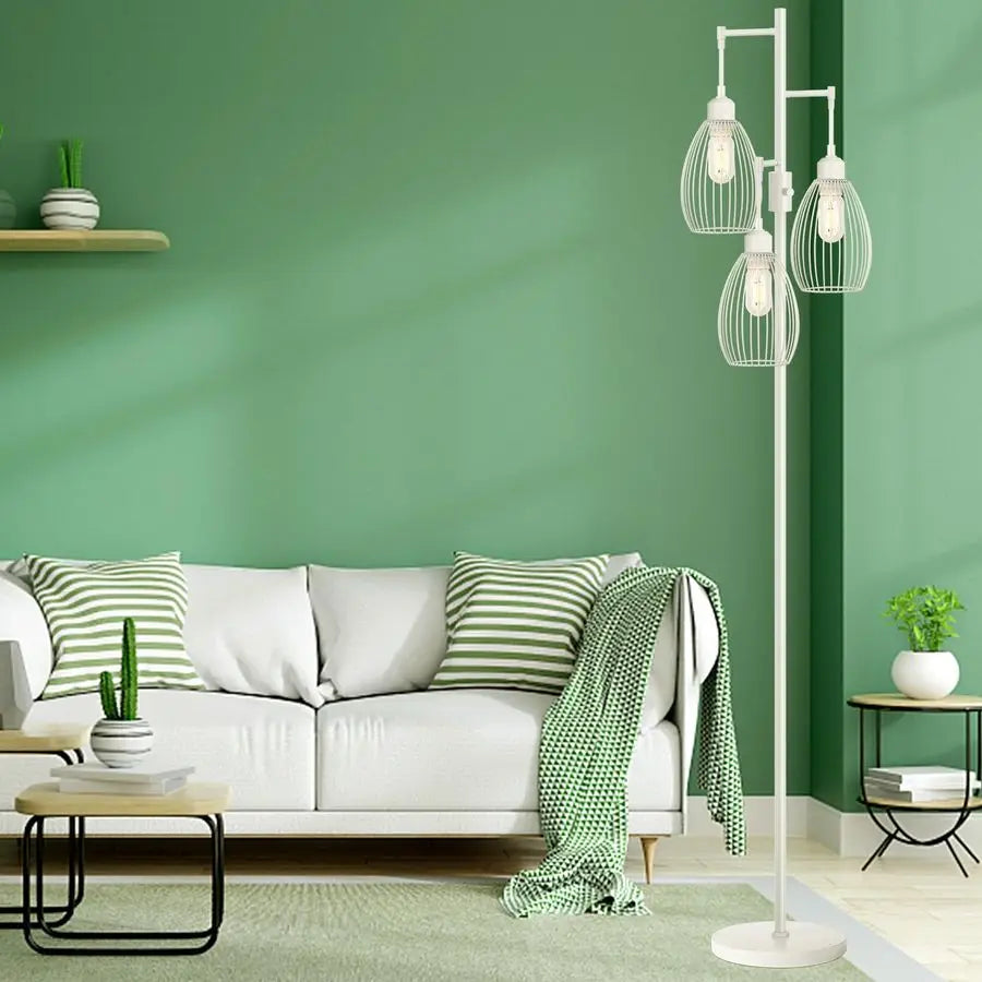 Floor Lamp, 3 x 800LM LED Edison Bulbs Included, Elegant Teardrop Cage