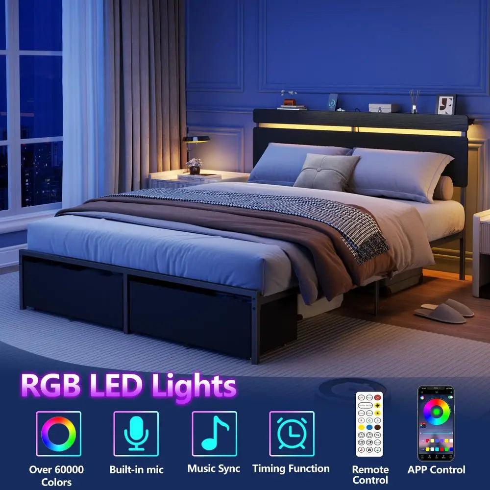 Queen Bed LED Light Headboard Black Platform 2-Drawers Charging Station
