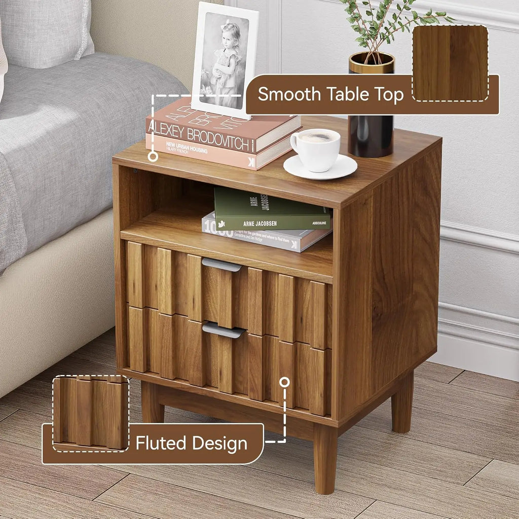 Fluted Nightstand 2-Drawers, 19" Wide Solid Wood Legs, Open Shelf