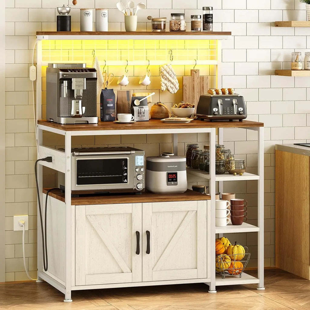 Bakers Rack, Power Outlet, LED Light, Storage Cabinet, Coffee Bar .