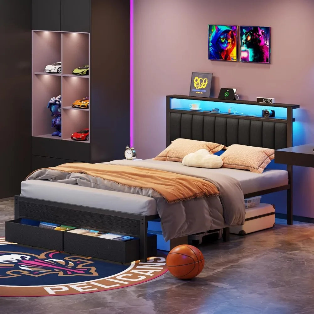 Bed Frame, Charging Station LED Lights, Grey Upholstered Headboard, Shelves,