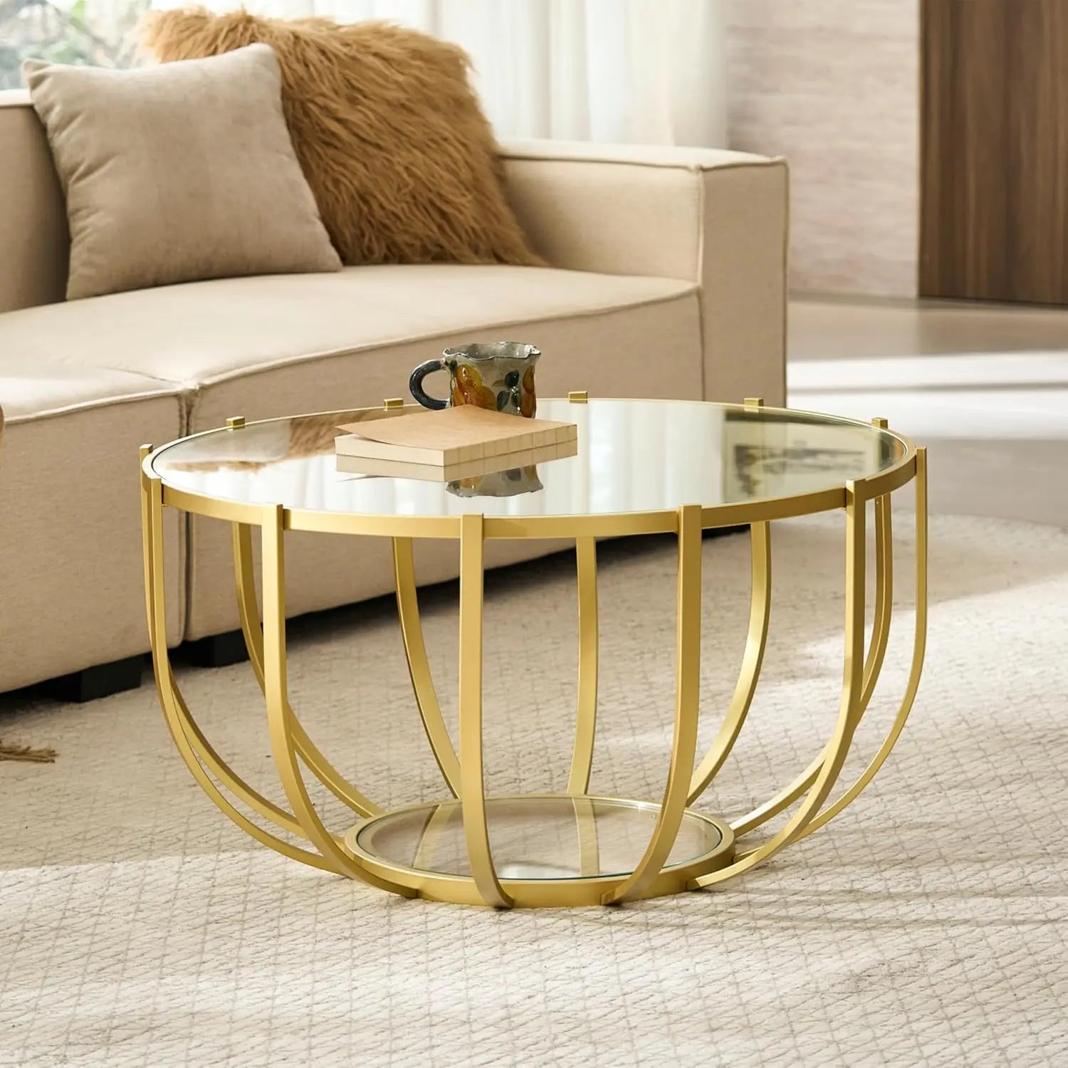 Gold Drum Coffee Table, 2-Tier Tempered Glass Round Center Table, Tinted Glass Top