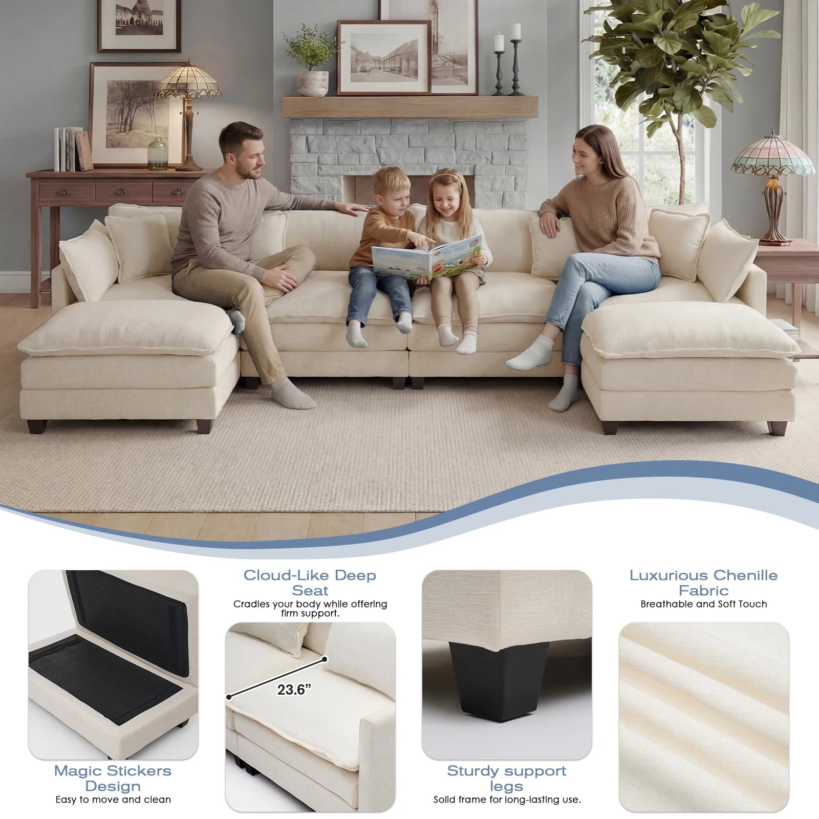 113.4" Sectional Sofa, Ottoman, Cloud Couch, Deep Seat (23.6" D)