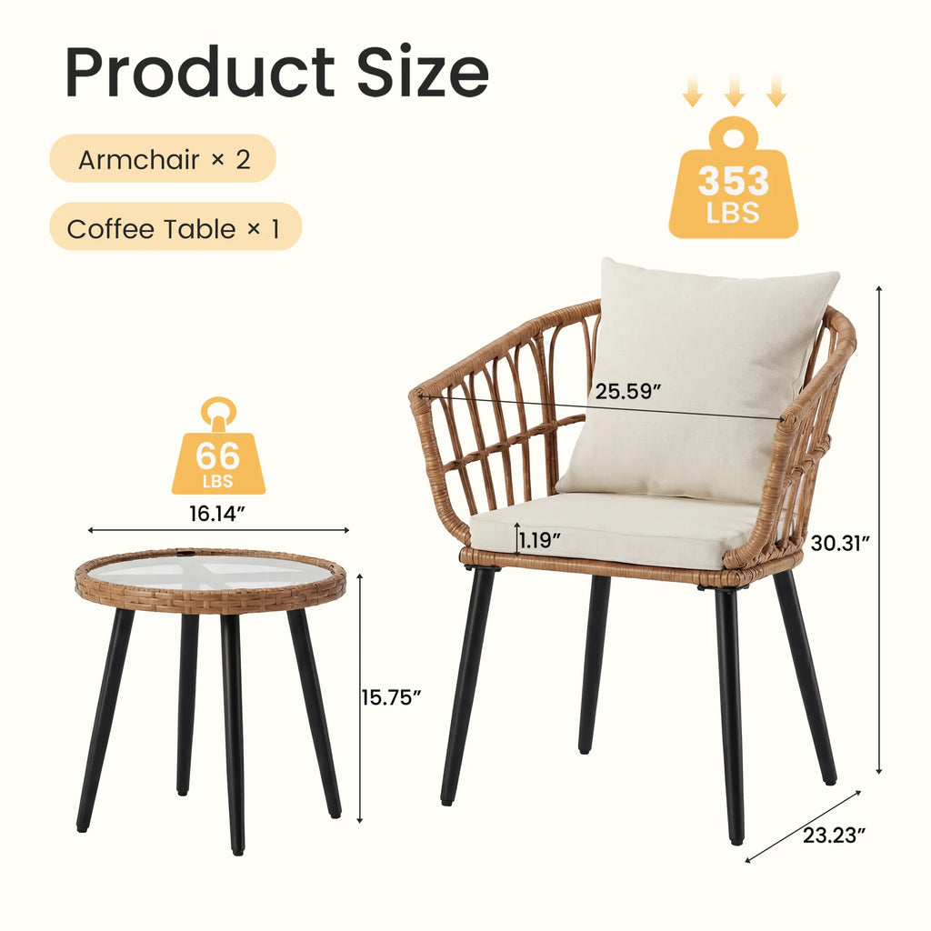 3 Pieces Wicker Set Soft Cushion Glass Steel Frame Table