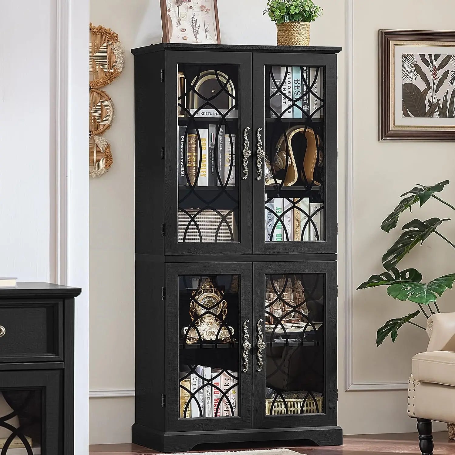67" Wood Bookshelf Glass Doors 5-Tier Adjustable Shelves , Office White