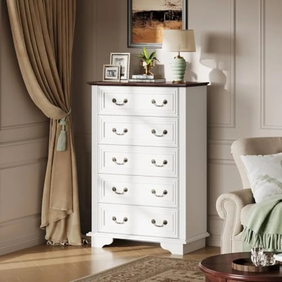 Farmhouse wood chest of drawers, 5 drawers Roman metal handles