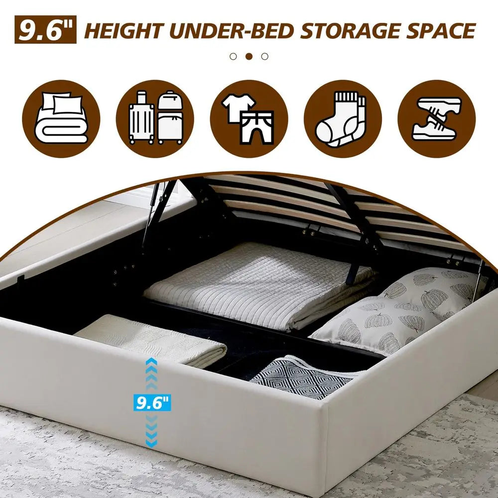Velvet Headboard, Platform Bed Frame, Lift-Up Storage, Built-in Nightstands, No Box Spring Needed