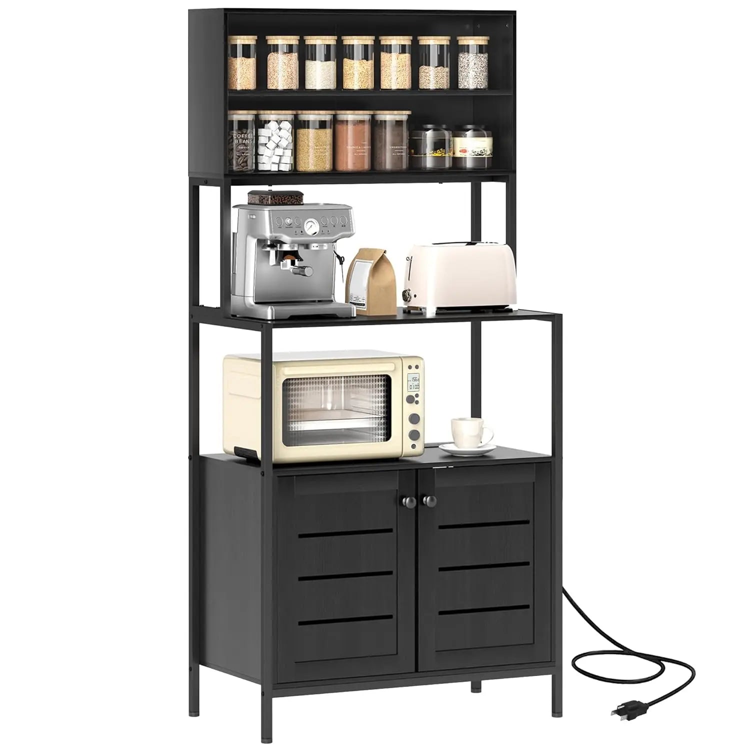 Baker's Rack w/Power Outlet, Cabinet with Storage Shelves, Louvred Door