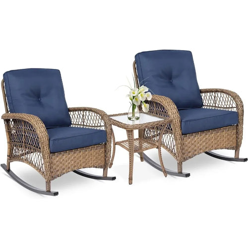 3-piece 2 rattan/wicker rocking chairs, cushions, glass table