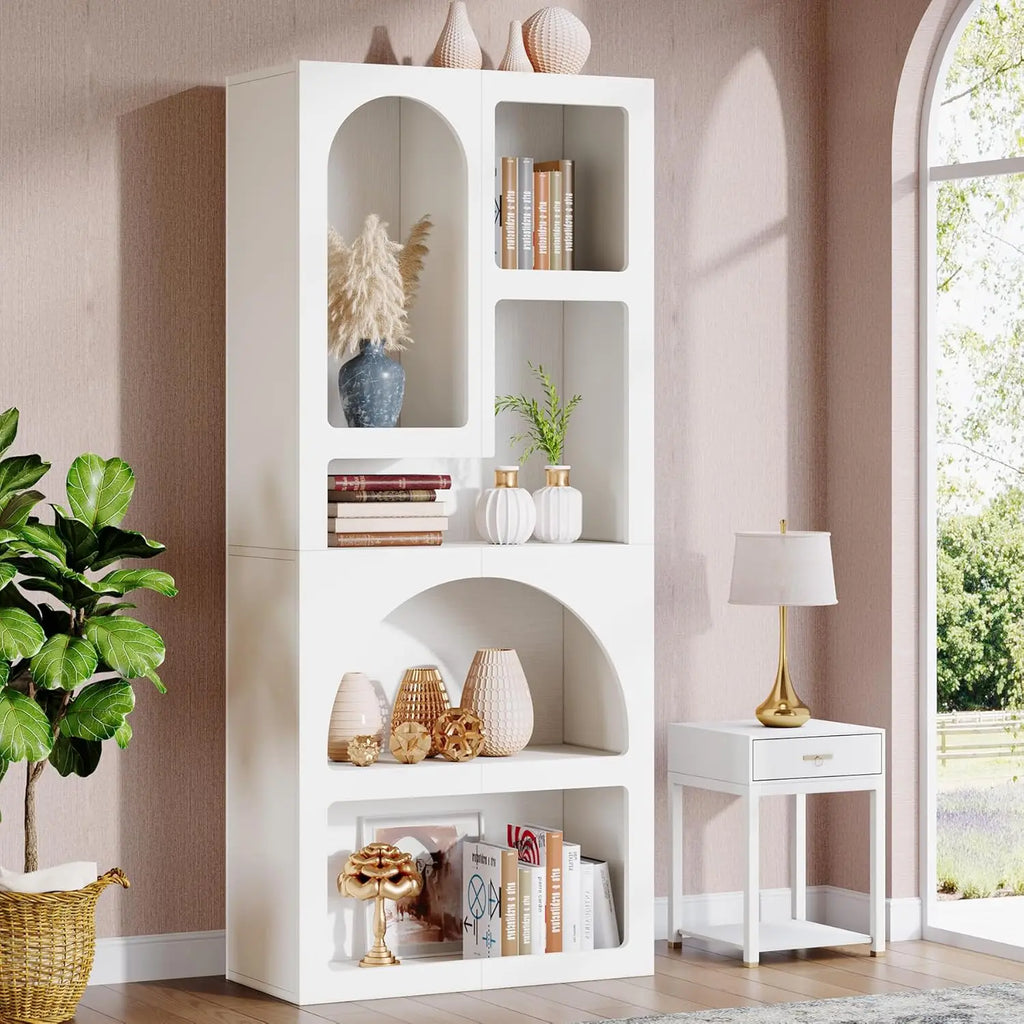 70.87" Tall Geometric Bookshelf, White Arched Bookcase, 5 Irregular Shelves