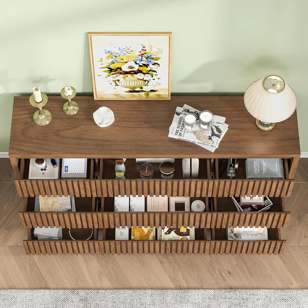 Fluted 9-Drawer Dresser, 58" Wide Vintage Chest of Drawers