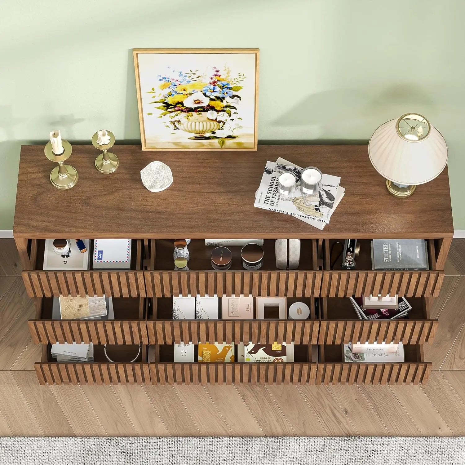 Fluted 9-Drawer Dresser, 58" Wide Vintage Chest of Drawers