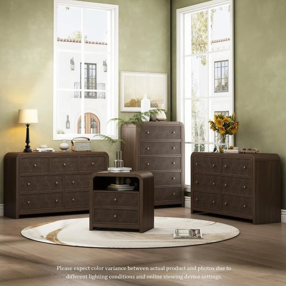 49IN Rattan Dresser, 6-Drawers, Boho Thickened Curved Design, Dark Walnut